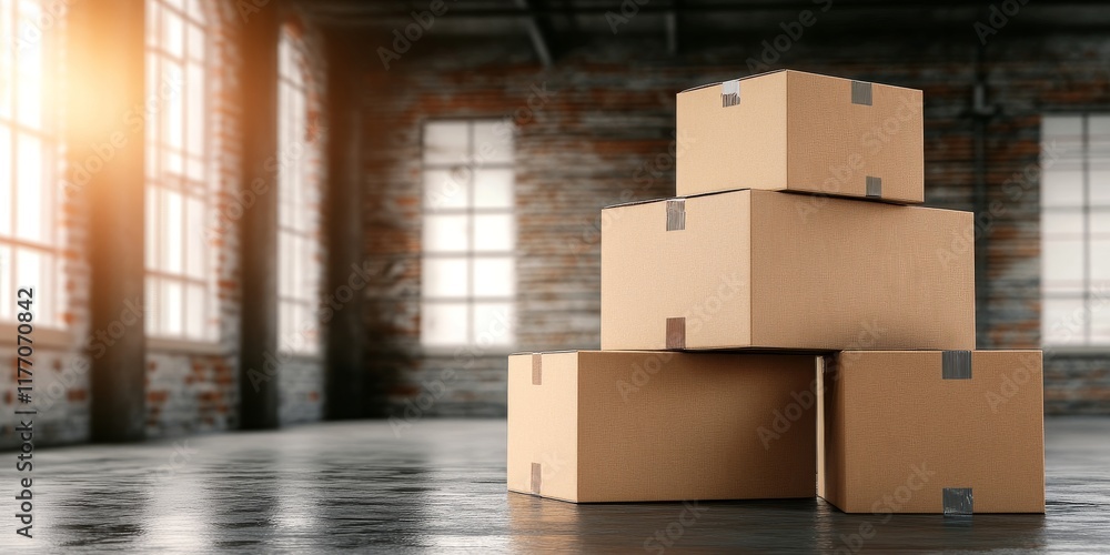 Cardboard Boxes in Modern Empty Living Room - Moving House Concept with Copy Space for Text Banner Cardboard Boxes in Modern Empty Living Room - Moving House Concept with Copy Space for Text Banner