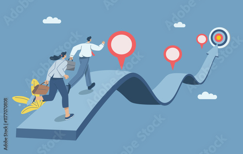 Business team running on project timeline, Project planning to develop the timeline of business progress, Roadmap, Work duration review, Key route map with action plans. Vector design illustration. photo