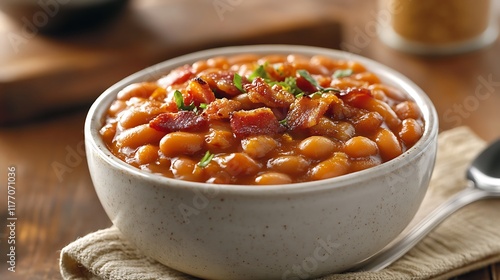 A warm bowl of baked beans with smoky bacon and a hint of brown sugar