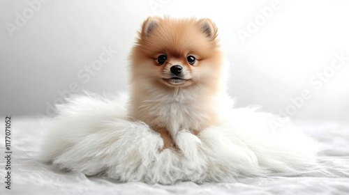 Cute fluffy pomeranian puppy sitting on soft white fur background in bright l...