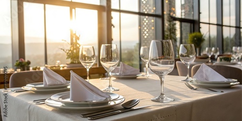 Elegant dinner setting bathed in golden sunset light, showcasing pristine white linens and gleaming glassware