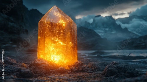 Stunning amber crystal glows in a dramatic mountain landscape during twilight...