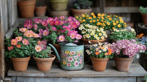 Colorful flower display with watering can at a garden shop during daylight hours