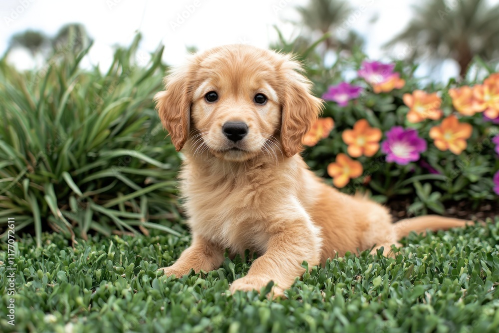 Golden retriever puppy lying on grass in a garden with colorful flowers Golden retriever puppy lying on grass in a garden with colorful flowers