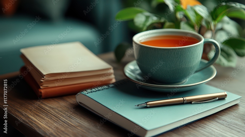 Fototapeta premium Cozy Reading Nook: A Cup of Tea, Books, and a Pen
