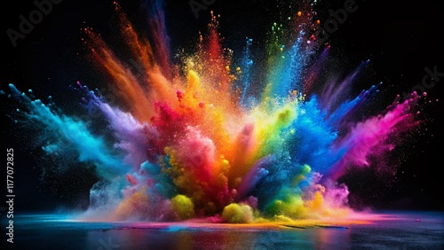 Abstract Colorful Powder Explosion on White Background - Freeze Motion Night Photography