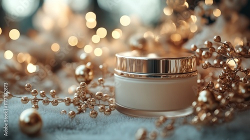 Gentle beauty cream beside dried flowers on cozy knitted fabric with soft lig...