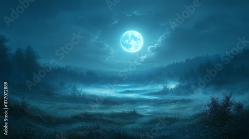 Majestic full moon illuminating a tranquil landscape at twilight