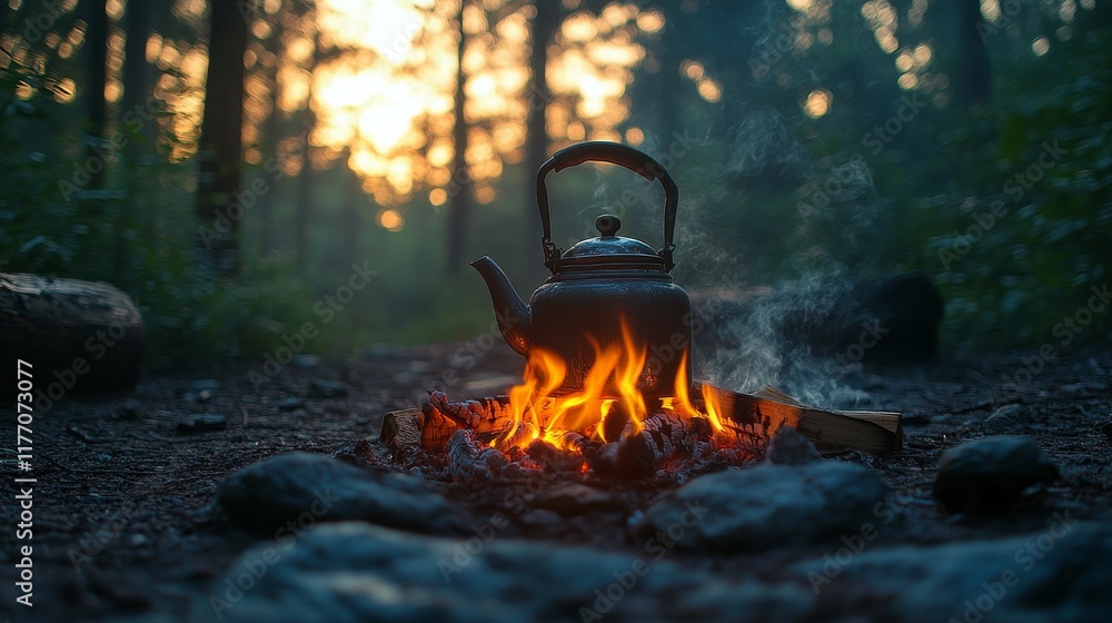 Rustic kettle boiling over a campfire near a serene lake surrounded by autumn foliage Rustic kettle boiling over a campfire near a serene lake surrounded by autumn foliage