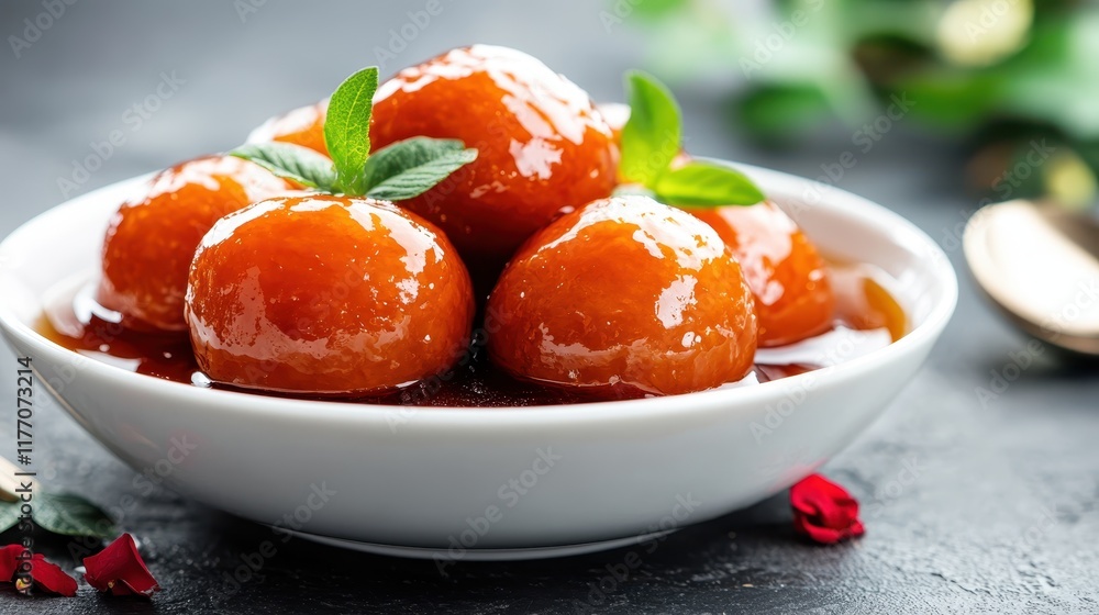 A tantalizing bowl of gulab jamun, perfectly round and sumptuous, bathed in rich syrup and garnished with fresh mint leaves, creating an inviting visual presentation. A tantalizing bowl of gulab jamun, perfectly round and sumptuous, bathed in rich syrup and garnished with fresh mint leaves, creating an inviting visual presentation.