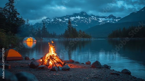 Campfire surrounded by mountains and trees on a cloudy evening in the wilderness