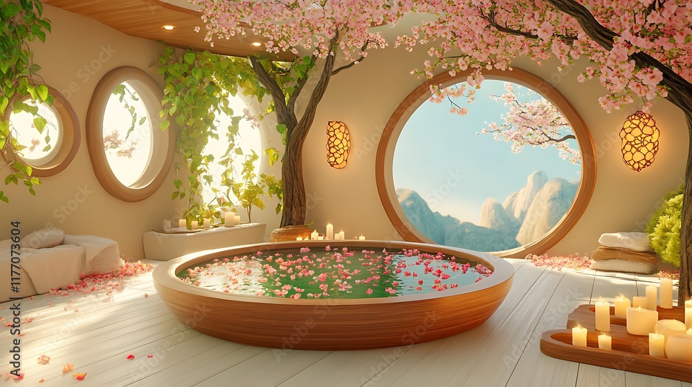 Fototapeta premium Tranquility and Balance Spa Ritual, Luxurious Indoor Spa Room Featuring a Serene Atmosphere with Blossoming Trees, Candlelight, and a Peaceful Water Feature Surrounded by Nature