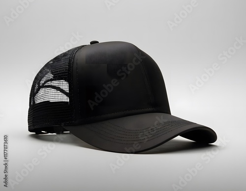 Blank trucker shining hat mockup isolated on a dark white greyish background photography closeup shot
