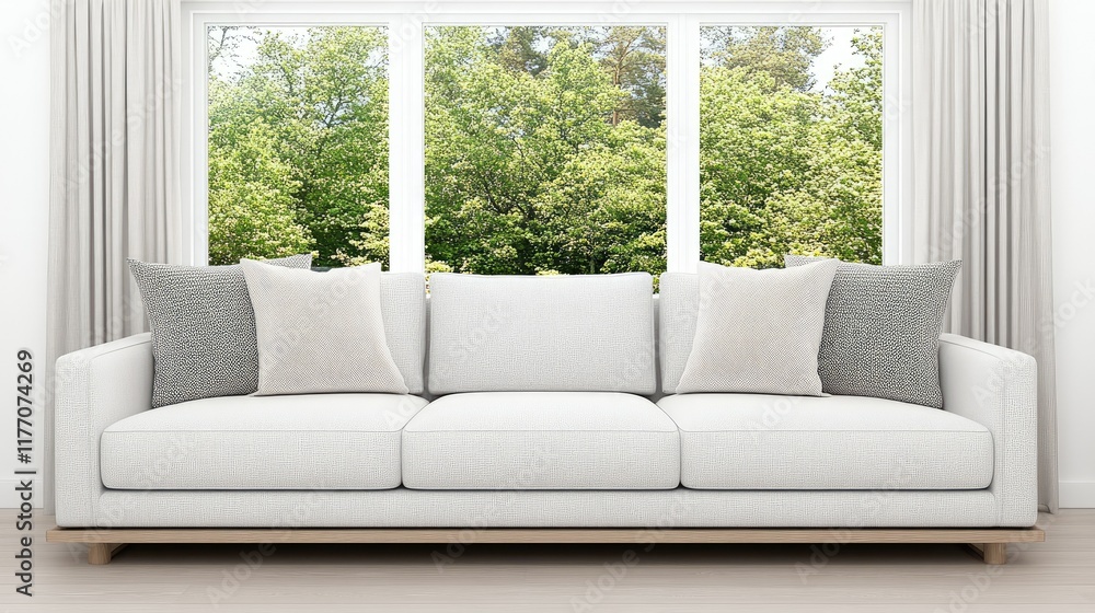 Cozy Scandinavian living room showcasing a sofa, green tree, and soft textiles, creating a serene, minimalistic atmosphere Cozy Scandinavian living room showcasing a sofa, green tree, and soft textiles, creating a serene, minimalistic atmosphere