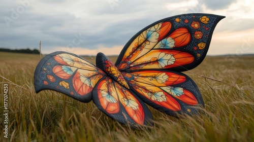 Colorful kite resting on grass in a serene field during sunset hours