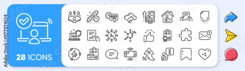Receive file, Document and Inflation line icons. Interest rate, AI generate, Inflation icons. Pack of Green electricity, Puzzle, Online access icon. Vector