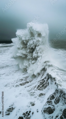 Waves crashing near a lighthouse during a stormy sunset at the coastline