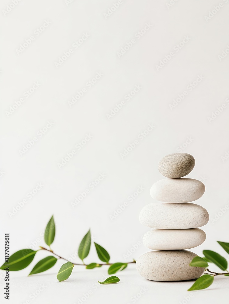 Stacked zen stones with green leaves on a white background Stacked zen stones with green leaves on a white background