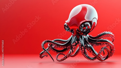 A detailed glossy red octopus with intricate tentacle design lies against a vivid red background, embodying beauty in simplicity with a mystical allure. photo