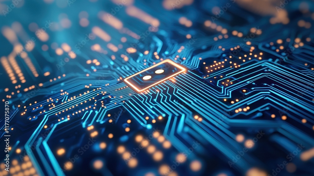 Obraz premium High Tech Circuit Board Close up Illuminated Microchip and Pathways