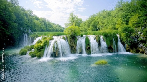 The waterfalls in Plitvice National Park, Croatia, flow gracefully down layers of interconnected limestone ledges