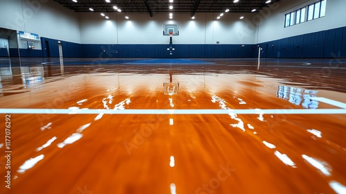 Vibrant autumn basketball court surrounded by colorful trees in serene park s...