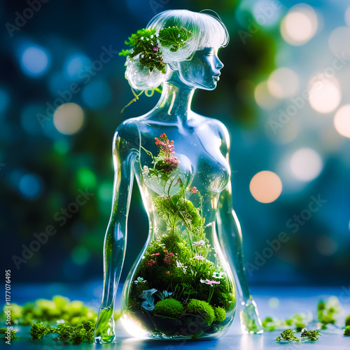 A stunning 3D digital artwork of a luminous glass woman with an hourglass figure, housing a vibrant internal ecosystem of plants, moss, and flowers. Ecosystem of Light