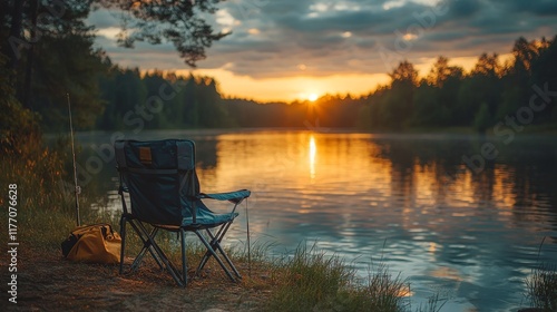 Serene lakeside fishing spot with chair and rod set against a beautiful lands...