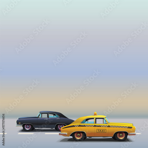 vintage cars on the road side view