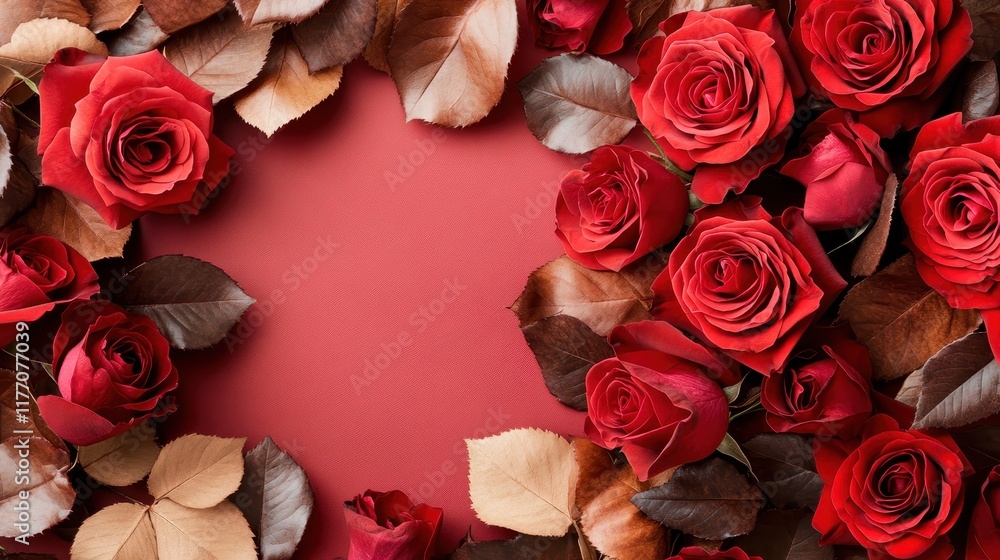 A beautifully arranged composition of red roses and autumn leaves encircle a blank space, suggesting warmth, love, and nostalgia in an inviting, seasonal display. A beautifully arranged composition of red roses and autumn leaves encircle a blank space, suggesting warmth, love, and nostalgia in an inviting, seasonal display.