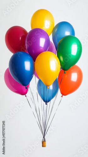 Colorful balloons drifting in a bright sky with scattered confetti during a f...