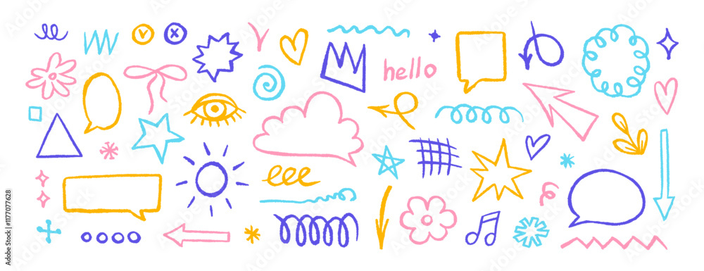 Crayon drawn doodle set, shapes, line and simple elements. Hand drawn brush highlight, arrow, speech bubble cloud, vector illustrations Crayon drawn doodle set, shapes, line and simple elements. Hand drawn brush highlight, arrow, speech bubble cloud, vector illustrations