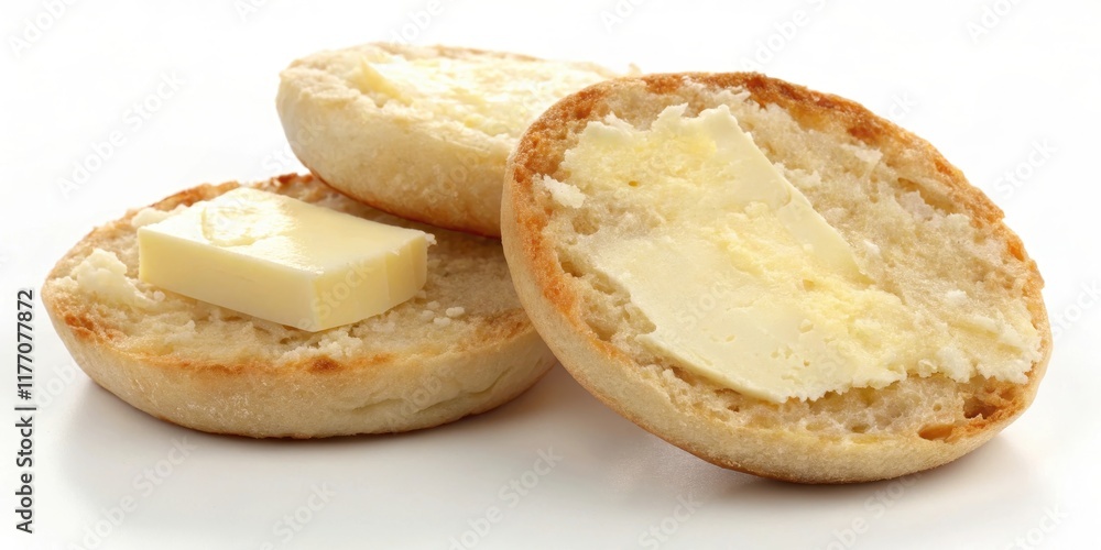A trio of golden-brown English muffins, each generously topped with a pat of creamy butter, creating a delightful breakfast scene. A trio of golden-brown English muffins, each generously topped with a pat of creamy butter, creating a delightful breakfast scene.