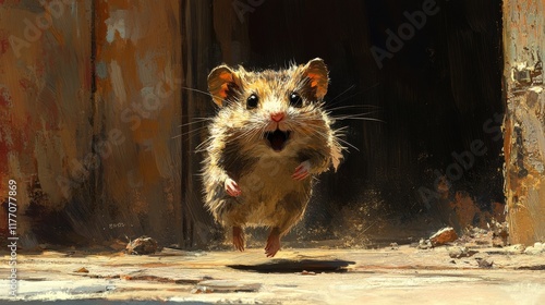 Cute hamster hopping along a path surrounded by autumn leaves in a tranquil o...