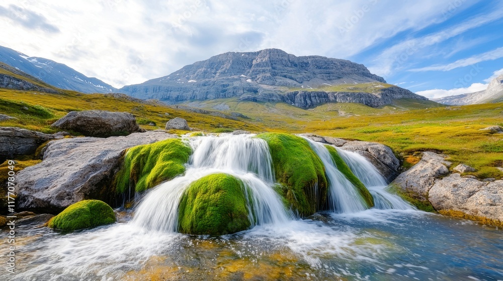 The natural waterfall cascades down a series of moss covered rocks, creating a stunning contrast of vibrant green against the smooth gray stone. The natural waterfall cascades down a series of moss covered rocks, creating a stunning contrast of vibrant green against the smooth gray stone.