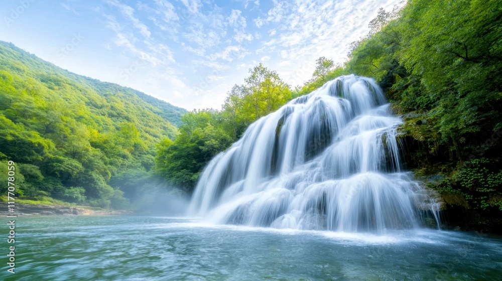 Fototapeta premium The Jiulong waterfall in Luoping, China is a breathtaking natural wonder characterized by a series of cascading streams intertwining amongst vibrant green foliage