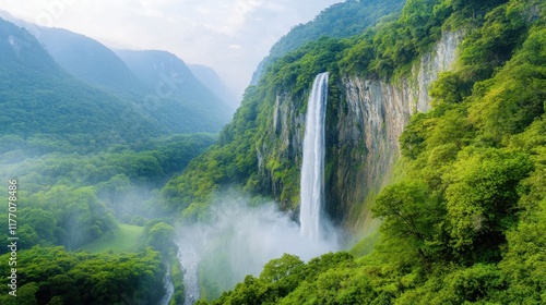 Madakaripura Waterfall stands as a majestic natural wonder, cascading down from the lush green forest canopy with an awe inspiring height that captures the beauty and power of nature.