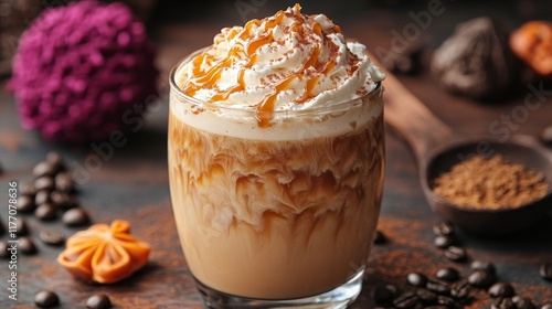 Delicious caramel iced coffee with whipped cream and toppings in a cozy cafe ...