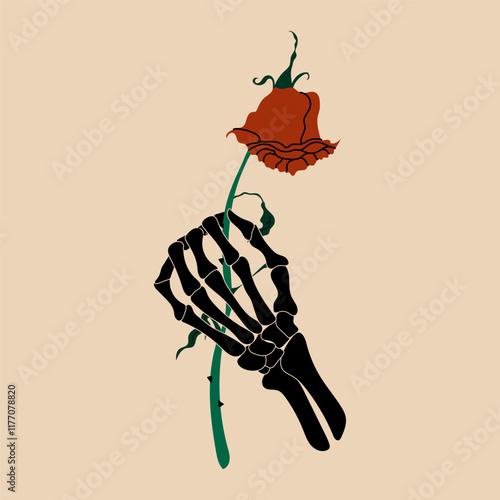 A skeleton hand holding a withered rose. Anti Valentine's day concept.