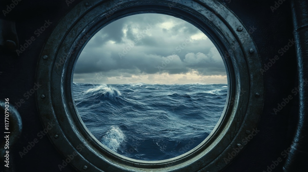 Fototapeta premium Churning waves and dramatic skies viewed from a ship's porthole during an overcast afternoon at sea