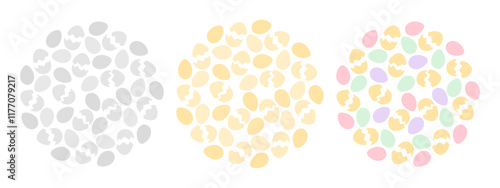 Eggs and Cracked eggshell Circular Backgrounds colorful, golden and grayscale Set 3. Easter backdrop