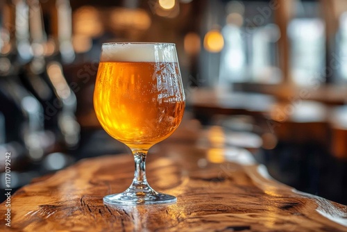 Sparkling golden beer served in a glass against a cozy background during the ...