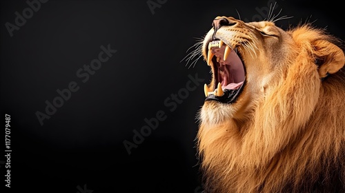 Majestic Roar of the Lion, a powerful close-up of a roaring lion showcasing its fierce expression and mane, perfect for impactful messaging.