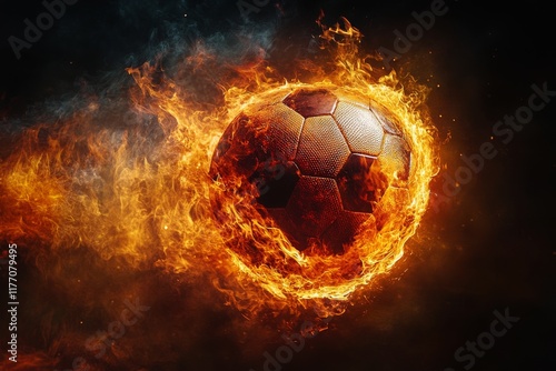 Dynamic flaming soccer ball in motion against a dark backdrop showcasing inte...