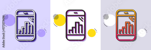 Graph phone line icon. Halftone dotted pattern. Gradient icon with grain shadow. Column chart sign. Growth diagram symbol. Line graph phone icon. Various designs. Vector