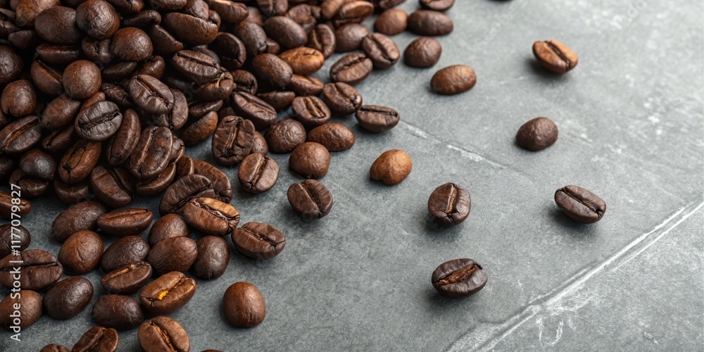 Aromatic Roasted Coffee Beans Scattered on a Gray Surface Aromatic Roasted Coffee Beans Scattered on a Gray Surface