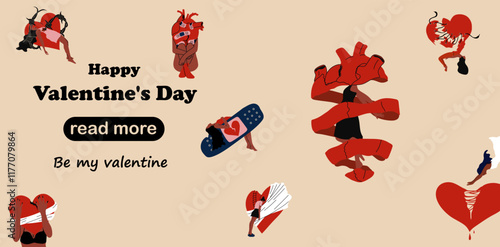 Web page design template. Set of  girls with a broken heart. Anti Valentine's day concept. 