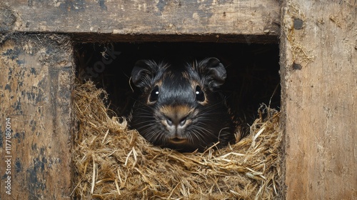 Curious guinea pig peering out from cozy nest in rustic wooden enclosure