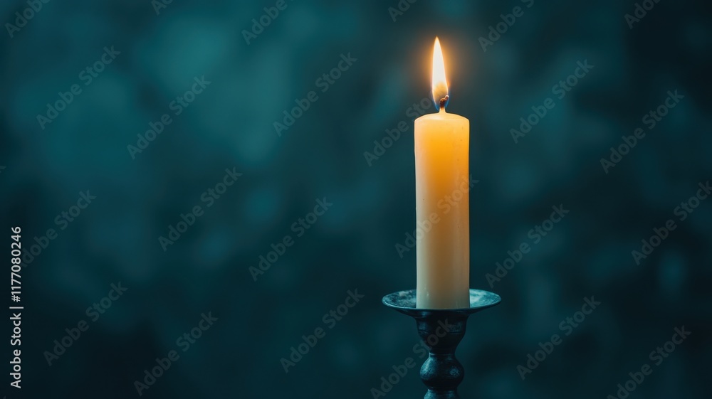Single Lit Candle on Antique Candlestick Dark Teal Background Dramatic Lighting Hope Peace Single Lit Candle on Antique Candlestick Dark Teal Background Dramatic Lighting Hope Peace
