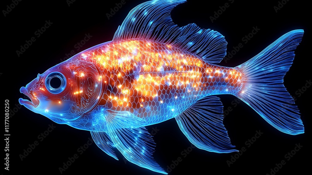 Glowing fish digital art, dark background, science concept. Glowing fish digital art, dark background, science concept.